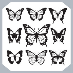 Butterfly silhouette icon, Silhouettes of butterflies. Black of funny butterflies. Insect butterfly black silhouette, Set of butterflies