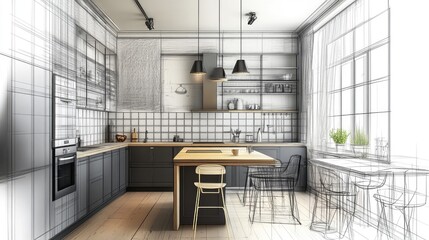 Fototapeta premium Stylish kitchen interior with modern furniture. Combination of photo and sketch. AI generated illustration.