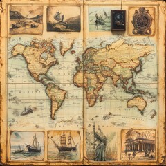 Vintage world map with maritime illustrations and compass.