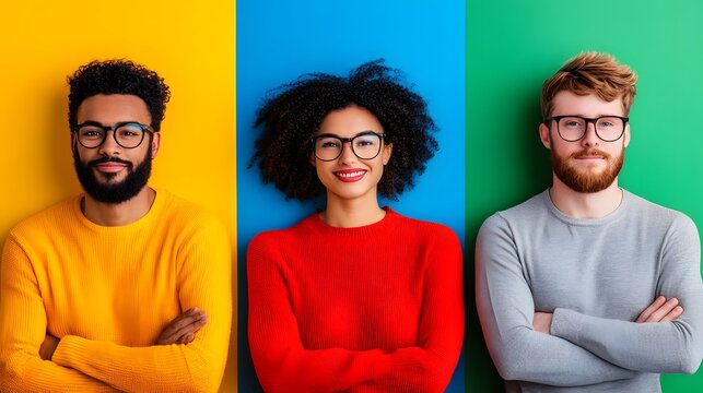 Three Individuals Wearing Glasses and Sweaters Against a Colorful Background
