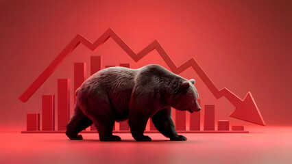 3D Render of a Bear Symbolizing a Bearish Stock Market with a Red Declining Graph in the Background