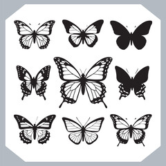 Butterfly silhouette icon, Silhouettes of butterflies. Black of funny butterflies. Insect butterfly black silhouette, Set of butterflies