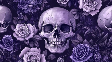 Purple Roses and Skulls Seamless Pattern