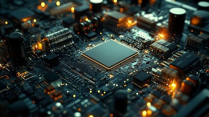 A close-up view of a complex computer circuit board with various components and glowing elements.