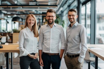 Fototapeta premium Three smiling professionals stand confidently in a modern, well-lit office space, exuding team spirit and collaboration.