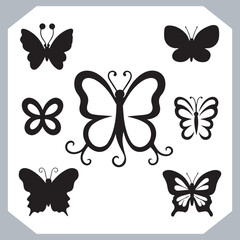 Butterfly silhouette icon, Silhouettes of butterflies. Black of funny butterflies. Insect butterfly black silhouette, Set of butterflies