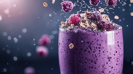  A smoothie with purple color, made with smooth texture and crowned with fresh raspberries, then finished with fine oats and dusted with sweet powder