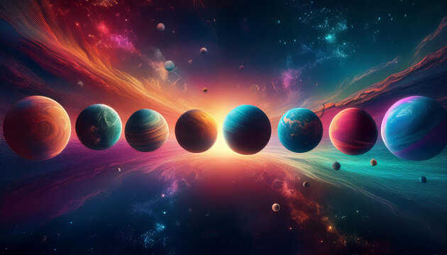 Series of vibrant planets are aligning in outer space with a colorful nebula in the background