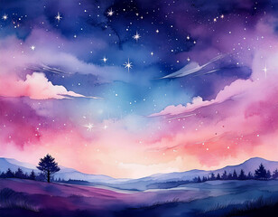 Watercolor painting of a starry night sky above a mountain landscape, with pink and purple clouds