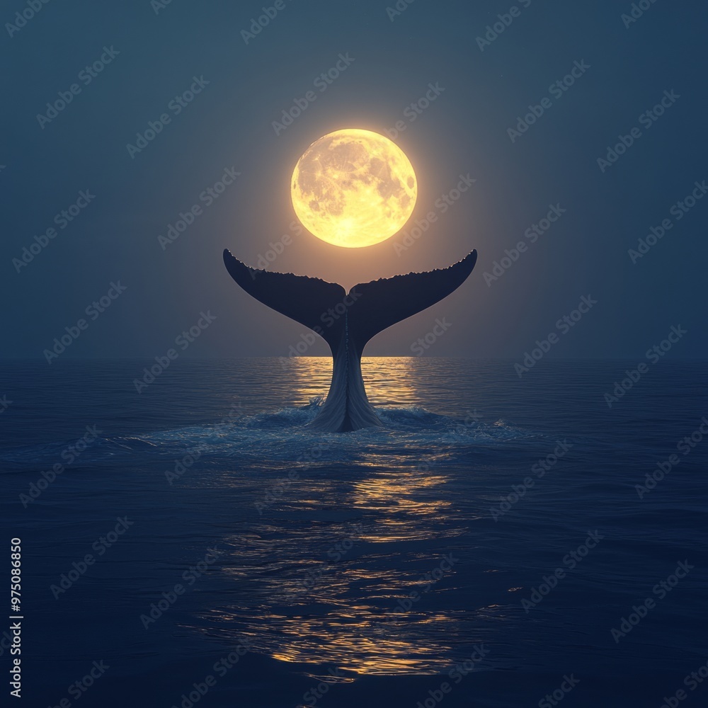 Canvas Prints Whale tail emerging from water under a full moon.