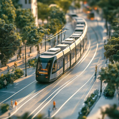 Obraz premium An Electric Tram Cuts Through the Bustle of a City Center