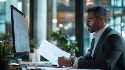 Fototapeta premium Businessman Reviewing Documents at His Desk