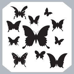 Butterfly silhouette icon, Silhouettes of butterflies. Black of funny butterflies. Insect butterfly black silhouette, Set of butterflies
