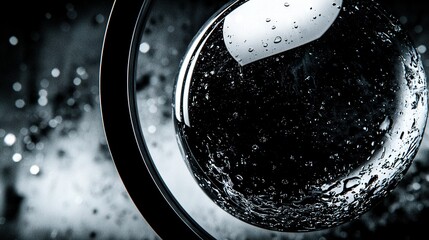   A close-up of a traffic light with droplets of water on the glass and the edge of the light