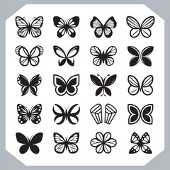 Butterfly silhouette icon, Silhouettes of butterflies. Black of funny butterflies. Insect butterfly black silhouette, Set of butterflies