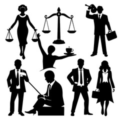 Obraz premium Silhouettes of lawyers in different poses highlight their roles in the legal field showcasing activities such as holding scales and presenting cases