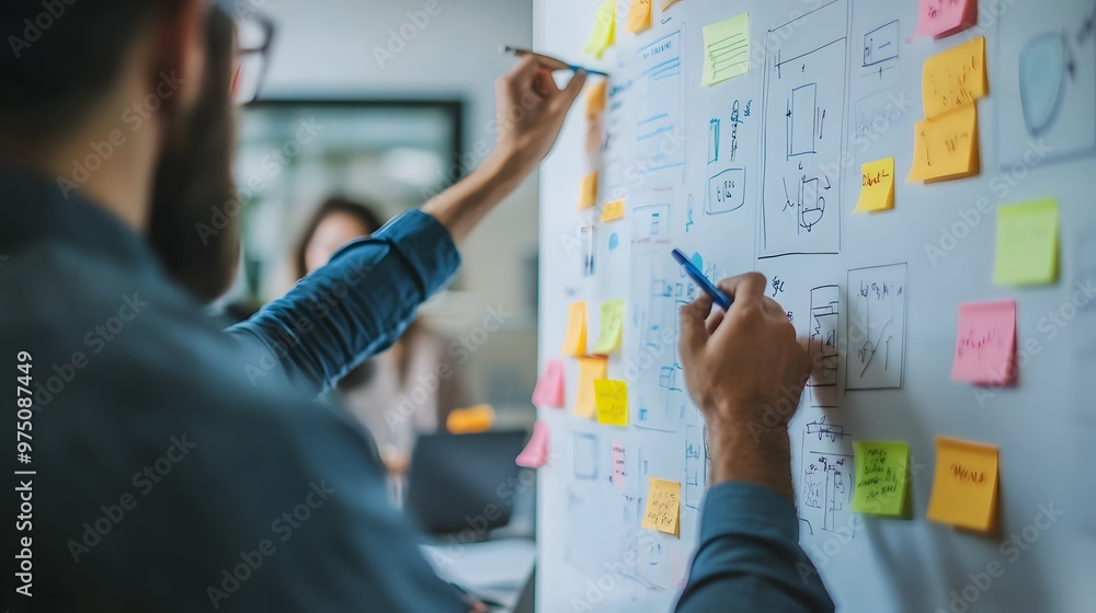 Poster man drawing on whiteboard with post-it notes for project planning