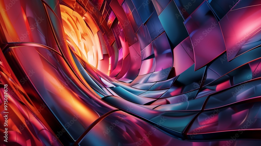 Poster abstract 3d tunnel of shiny colorful geometric shapes, futuristic technology background