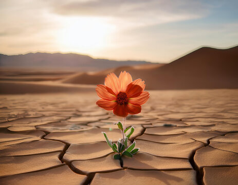 Single orange flower is growing out of dry, cracked desert soil with a blurred desert landscape and sunset in the background