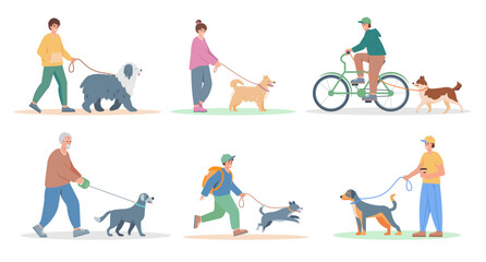 People with dogs set. Men, women and children walking and playing with dog. Dog lover, owner or volunteer characters. Vector flat illustration isolated on white background.