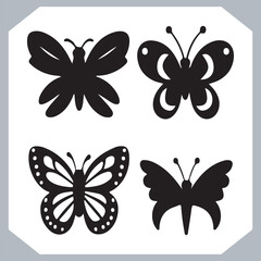 Butterfly silhouette icon, Silhouettes of butterflies. Black of funny butterflies. Insect butterfly black silhouette, Set of butterflies