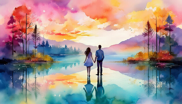 Couple is holding hands while standing in front of a lake reflecting a colorful sunset
