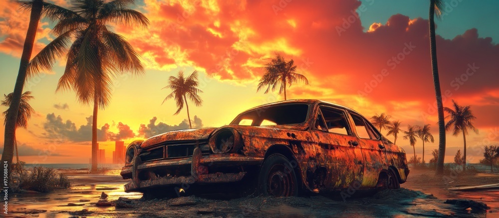 Canvas Prints rusty car on a tropical sunset beach