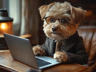 A dog in a sweater and glasses using a laptop at a table.