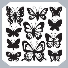 Butterfly silhouette icon, Silhouettes of butterflies. Black of funny butterflies. Insect butterfly black silhouette, Set of butterflies