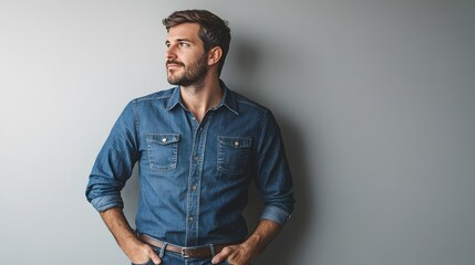 A young man in a denim shirt stands with hands in his pockets and looks away from the camera