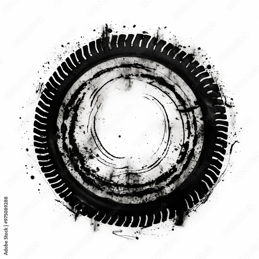 Poster abstract painting of a black circular tire pattern with ink splashes on a white background. concept 