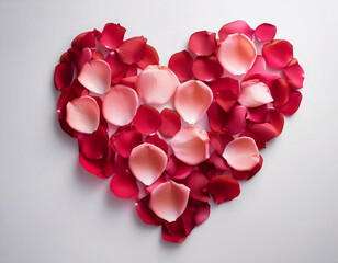 Red and pink rose petals forming a heart shape on a white background, perfect for romantic occasions