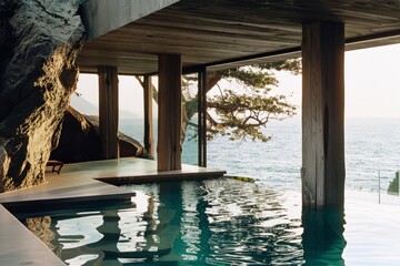 A luxurious infinity pool seamlessly blends with the ocean, framed by elegant wooden columns and natural surroundings.