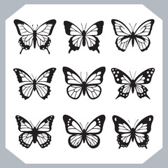 Butterfly silhouette icon, Silhouettes of butterflies. Black of funny butterflies. Insect butterfly black silhouette, Set of butterflies