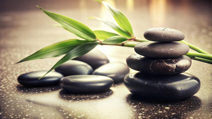 Fototapeta premium Zen stone stack with green bamboo leaves on a tranquil background, creating a relaxing atmosphere