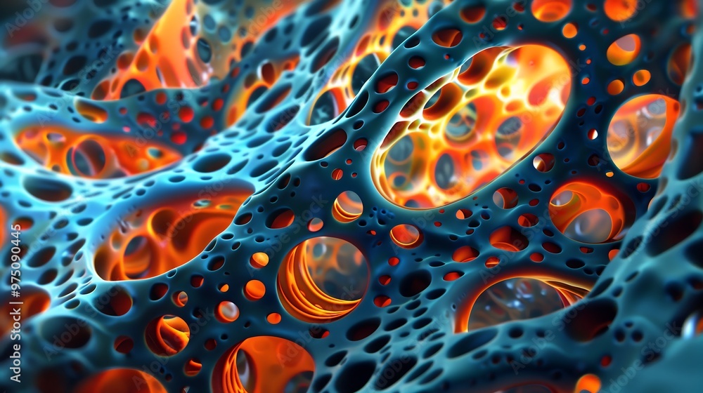 Poster abstract 3d render of a blue and orange sponge like structure. macro view of porous material.