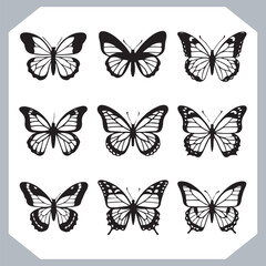 Butterfly silhouette icon, Silhouettes of butterflies. Black of funny butterflies. Insect butterfly black silhouette, Set of butterflies