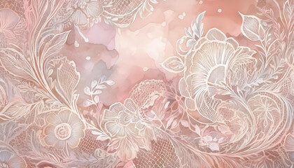 White lace floral pattern creating a delicate and intricate design on a soft pink watercolor background, ideal for romantic and feminine projects