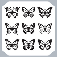 Butterfly silhouette icon, Silhouettes of butterflies. Black of funny butterflies. Insect butterfly black silhouette, Set of butterflies