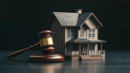 Model house with judge's gavel on dark background, real estate law concept