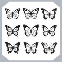 Butterfly silhouette icon, Silhouettes of butterflies. Black of funny butterflies. Insect butterfly black silhouette, Set of butterflies