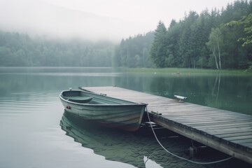 Obraz premium An empty rowboat tethered to a wooden dock in a misty, tranquil lake setting, creating an atmosphere of solitude and peaceful reflection.