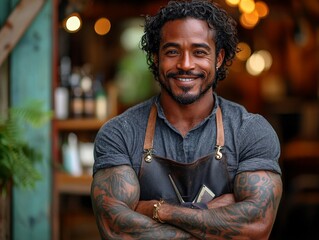 A smiling craftsman with tattoos and curly hair stands confidently in his warm workshop, wearing a leather apron, embodying creativity and dedication.