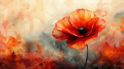   A painting of red flowers in an orange field with watercolor splashes in the background is optimized text