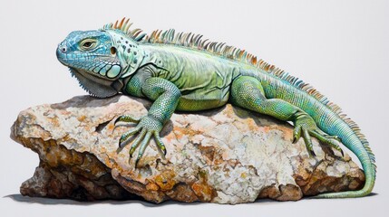 Fototapeta premium Green Iguana Lizard on Rock Watercolor Painting