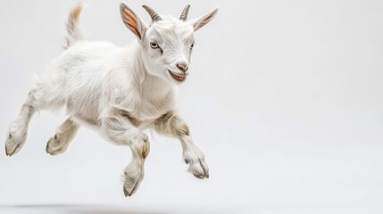 Obraz premium White Goat Kid Jumping Mid Air Isolated on White Background
