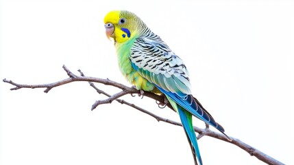 Fototapeta premium Budgerigar Perched on Branch Isolated on White Background