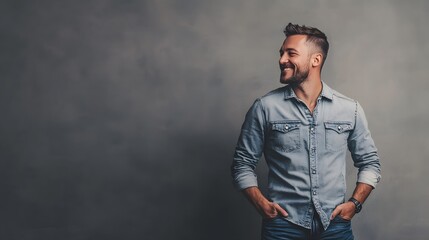 Fototapeta premium Smiling Man in Denim Shirt with Hands in Pockets
