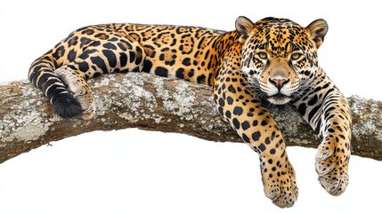 Jaguar Lying on Branch Isolated on White Background