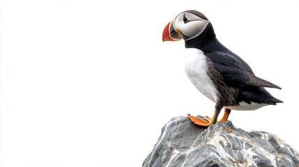 Naklejka premium Atlantic Puffin Standing on a Rock with White Background
